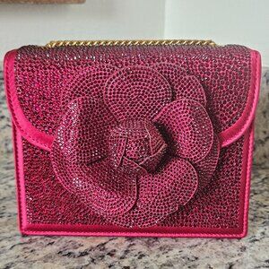 RARE STUNNING OSCAR DE LA RENTA RED CRYSTAL FLOWER CROSSBODY EVENING HANDBAG BAG